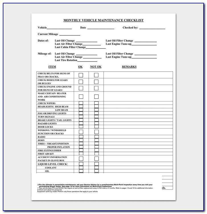 Monthly Vehicle Maintenance Checklist Forms