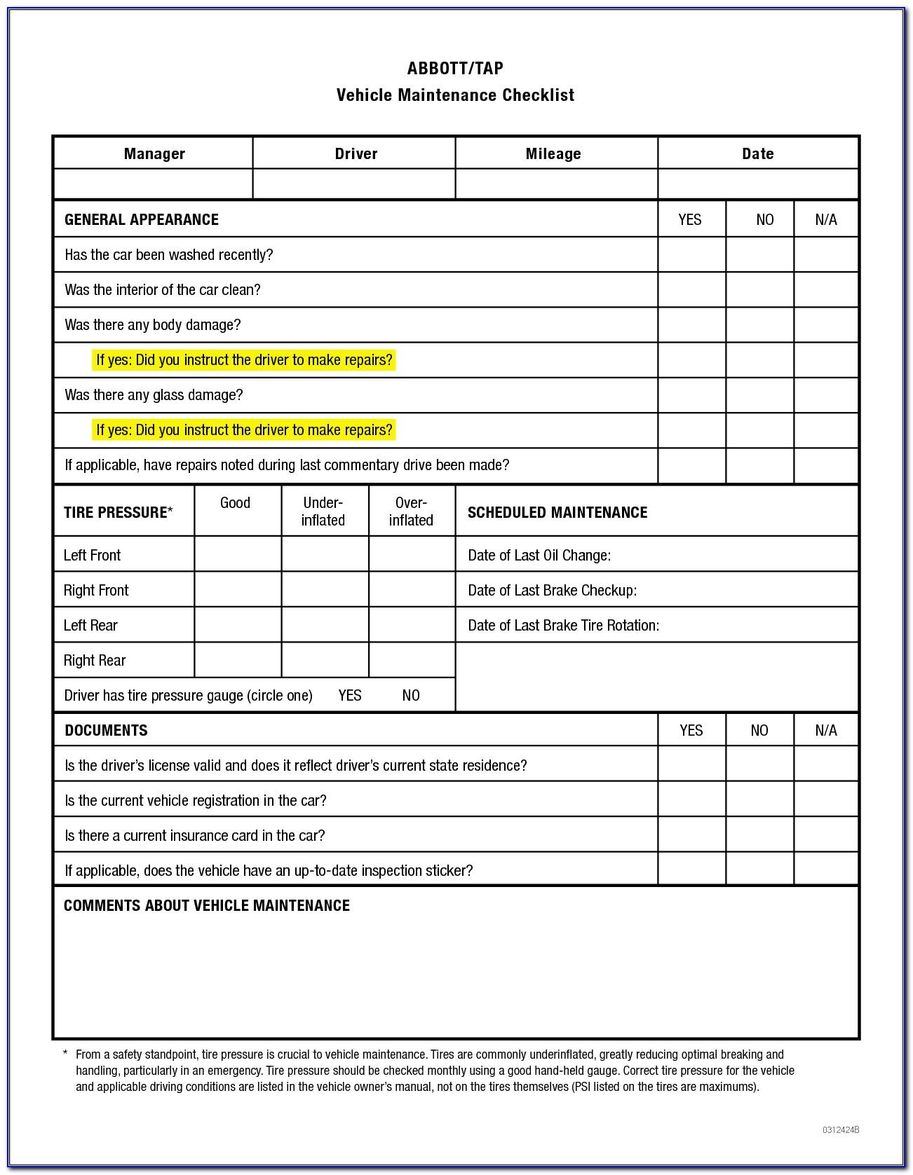 Vehicle Maintenance Checklist Form