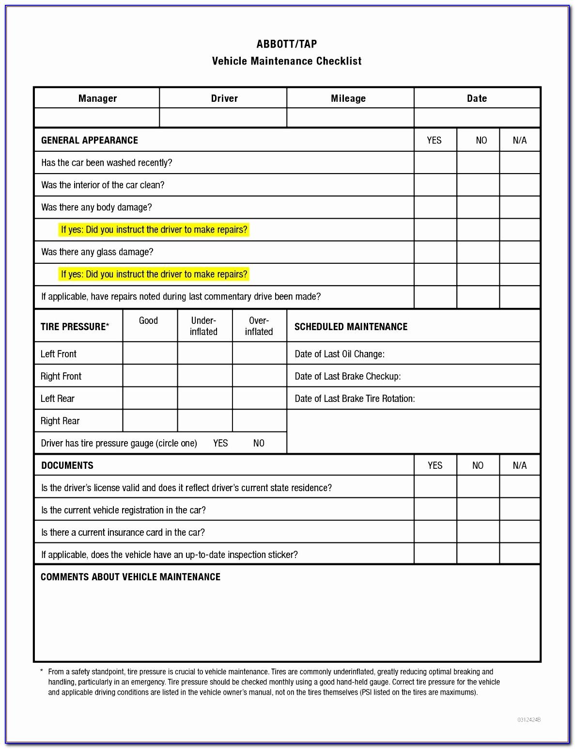 Vehicle Maintenance Checklist Template Excel