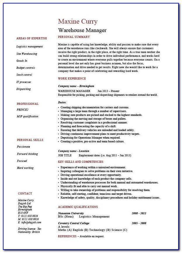 Warehouse Assistant Manager Job Description For Resume