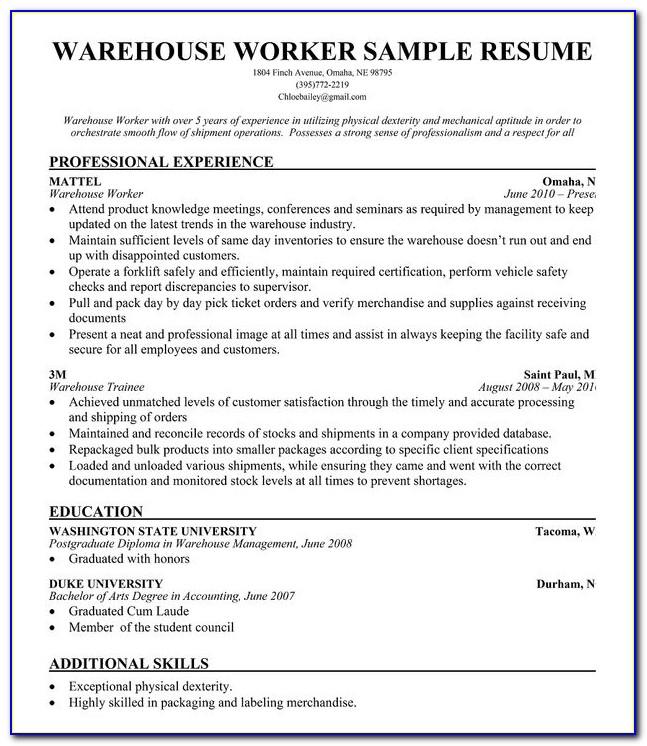 Warehouse Job Resume Sample