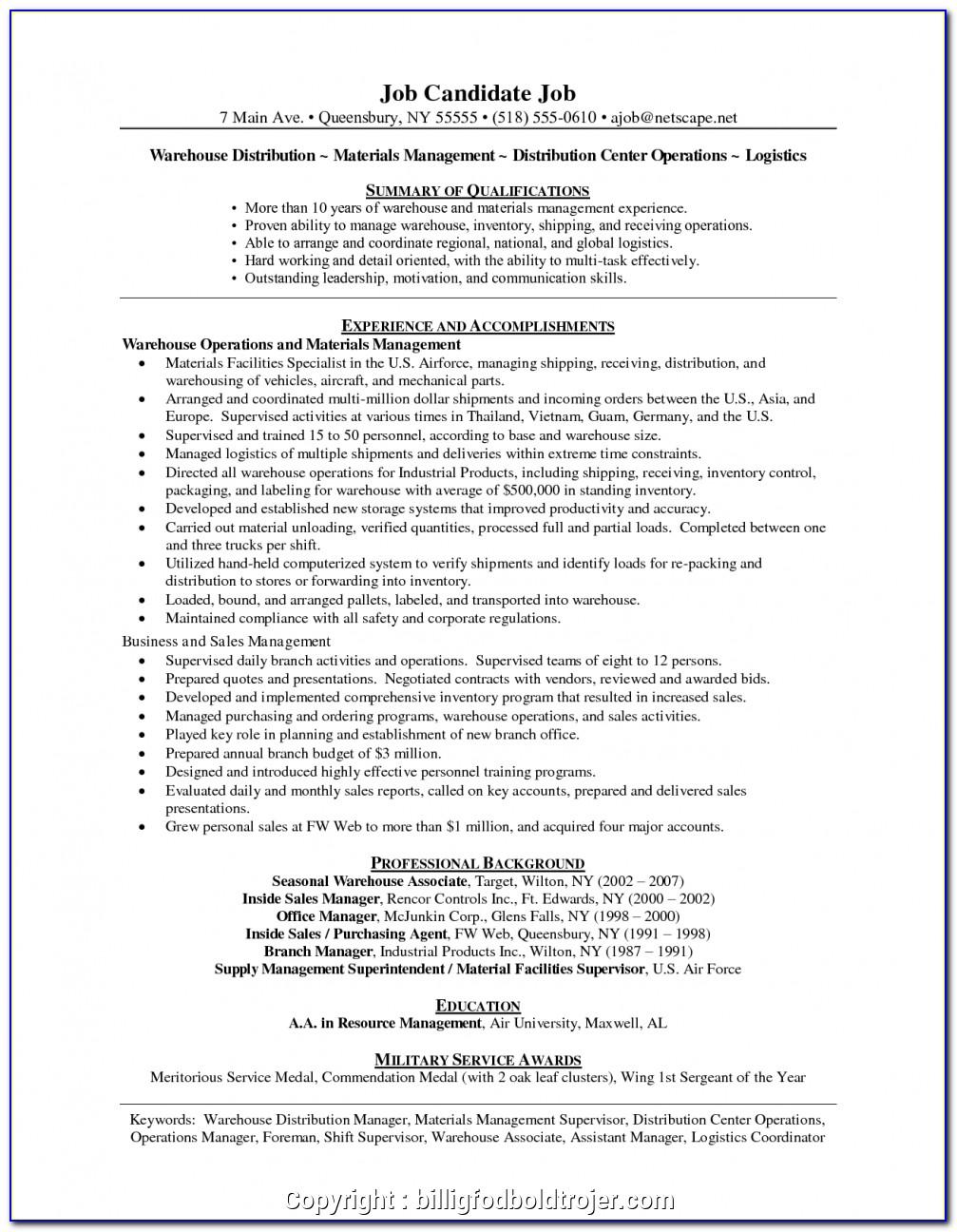 Warehouse Manager Resume Sample Word