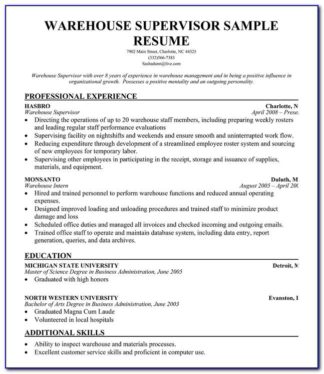 Warehouse Supervisor Resume Format