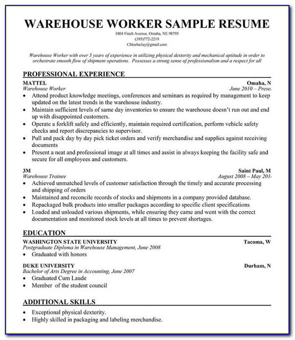 Warehouse Worker Resume Template