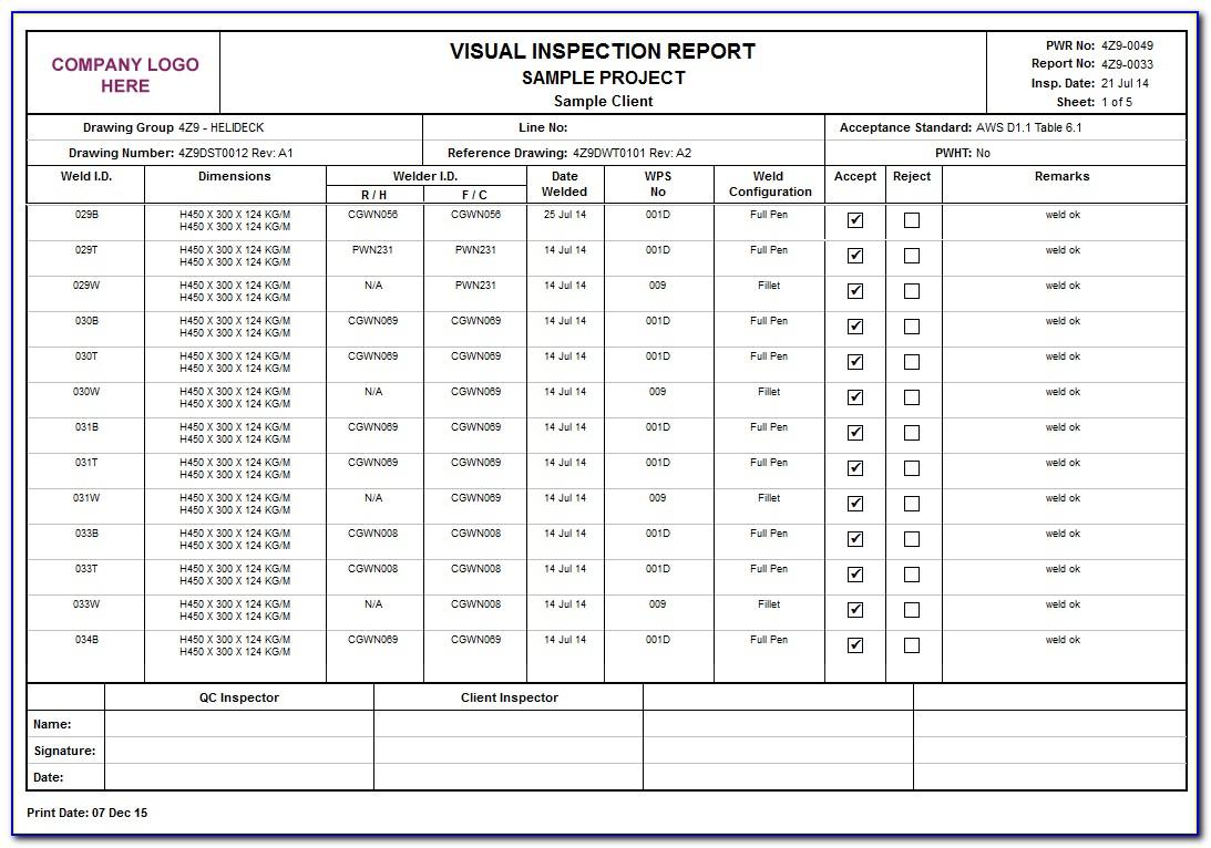 Welding Visual Inspection Report Sample