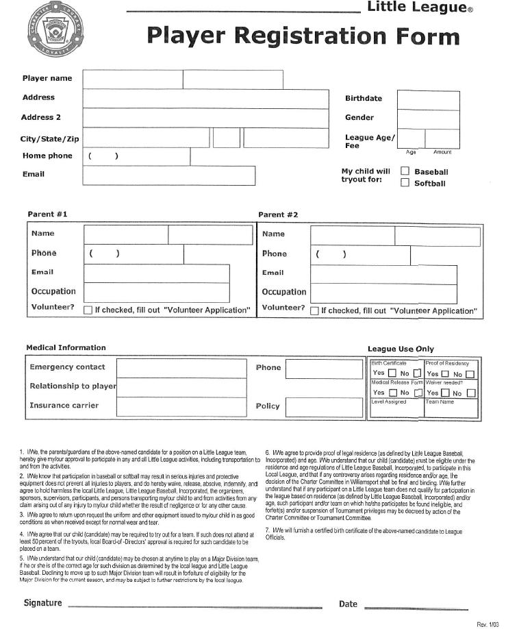 Youth Baseball Registration Form Template