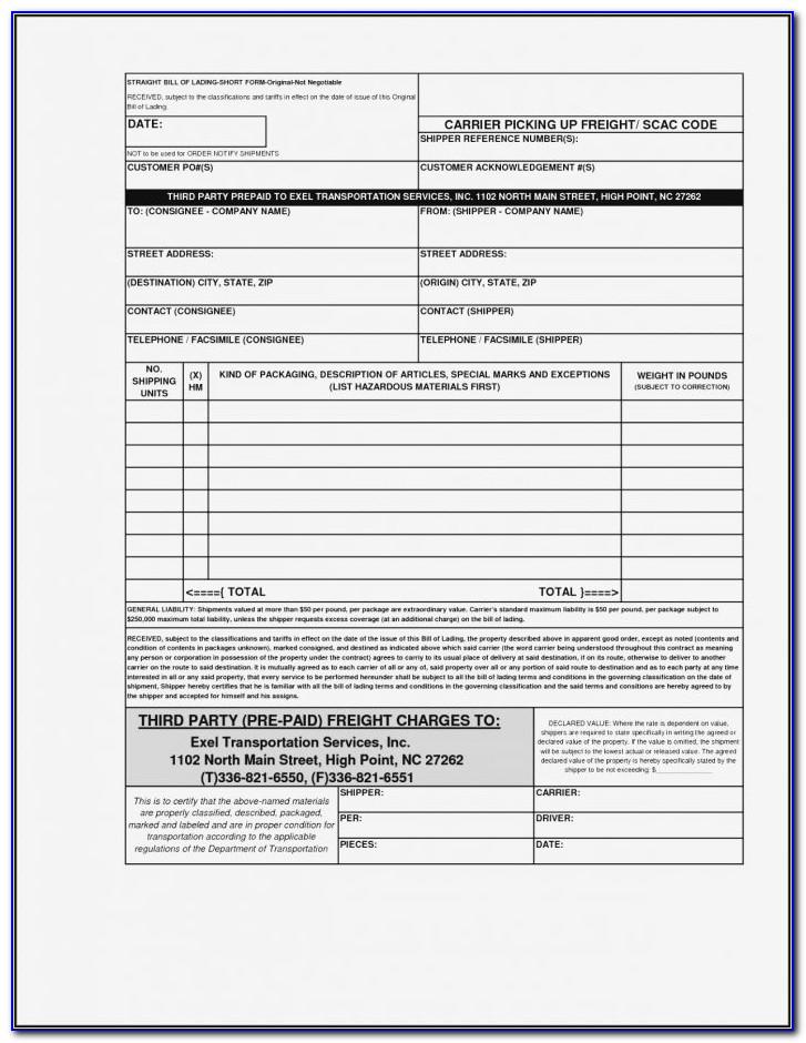 Bill Of Lading Short Form Not Negotiable Template