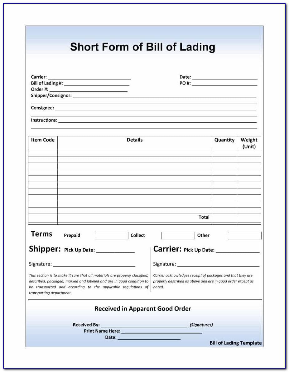 Bill Of Lading Short Form Template Free