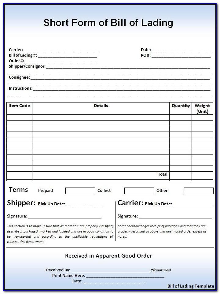 Bill Of Lading Short Form Template Word