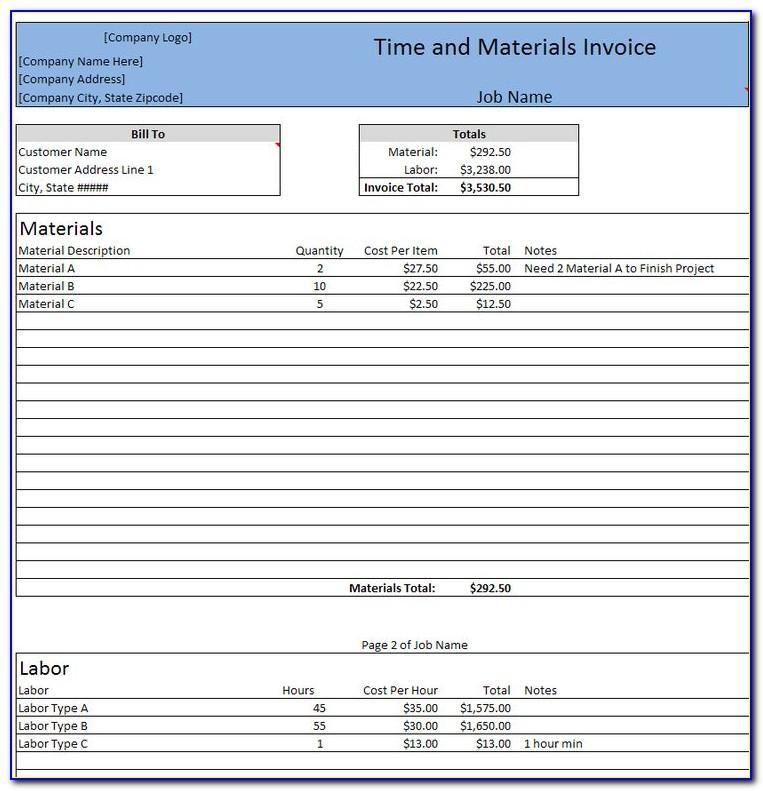 Construction Time And Materials Invoice Template