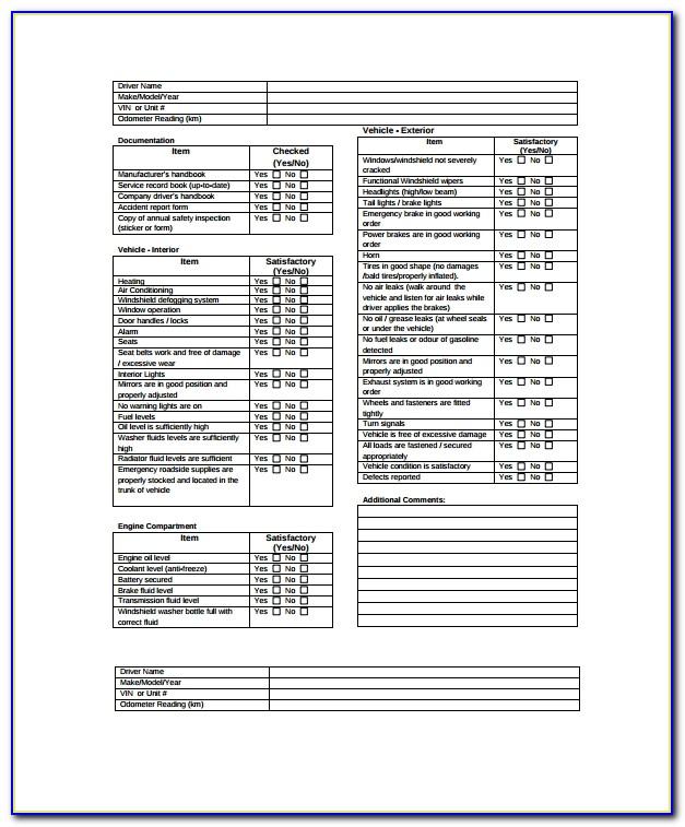 Daily Vehicle Inspection Checklist Template Excel