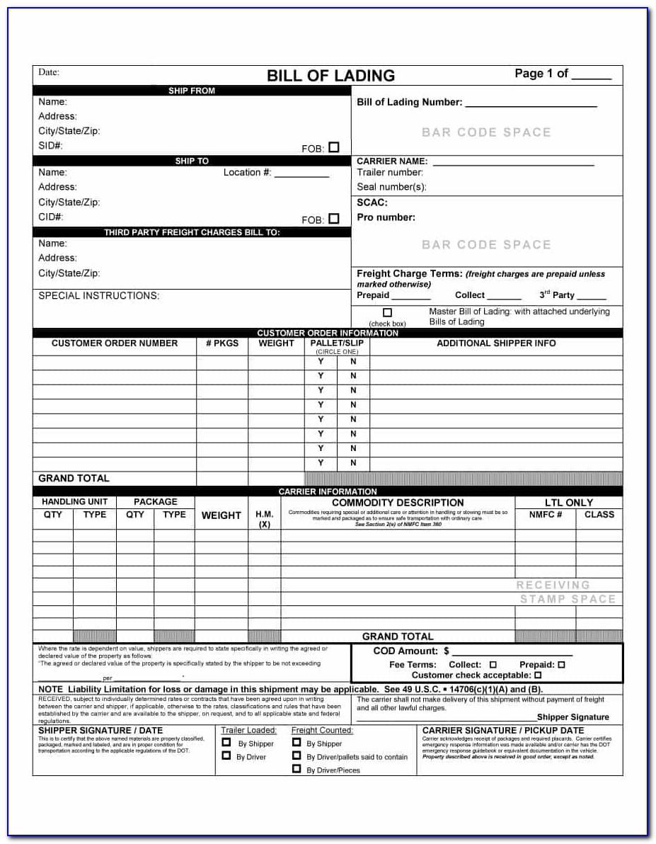 Free Template For Bill Of Lading