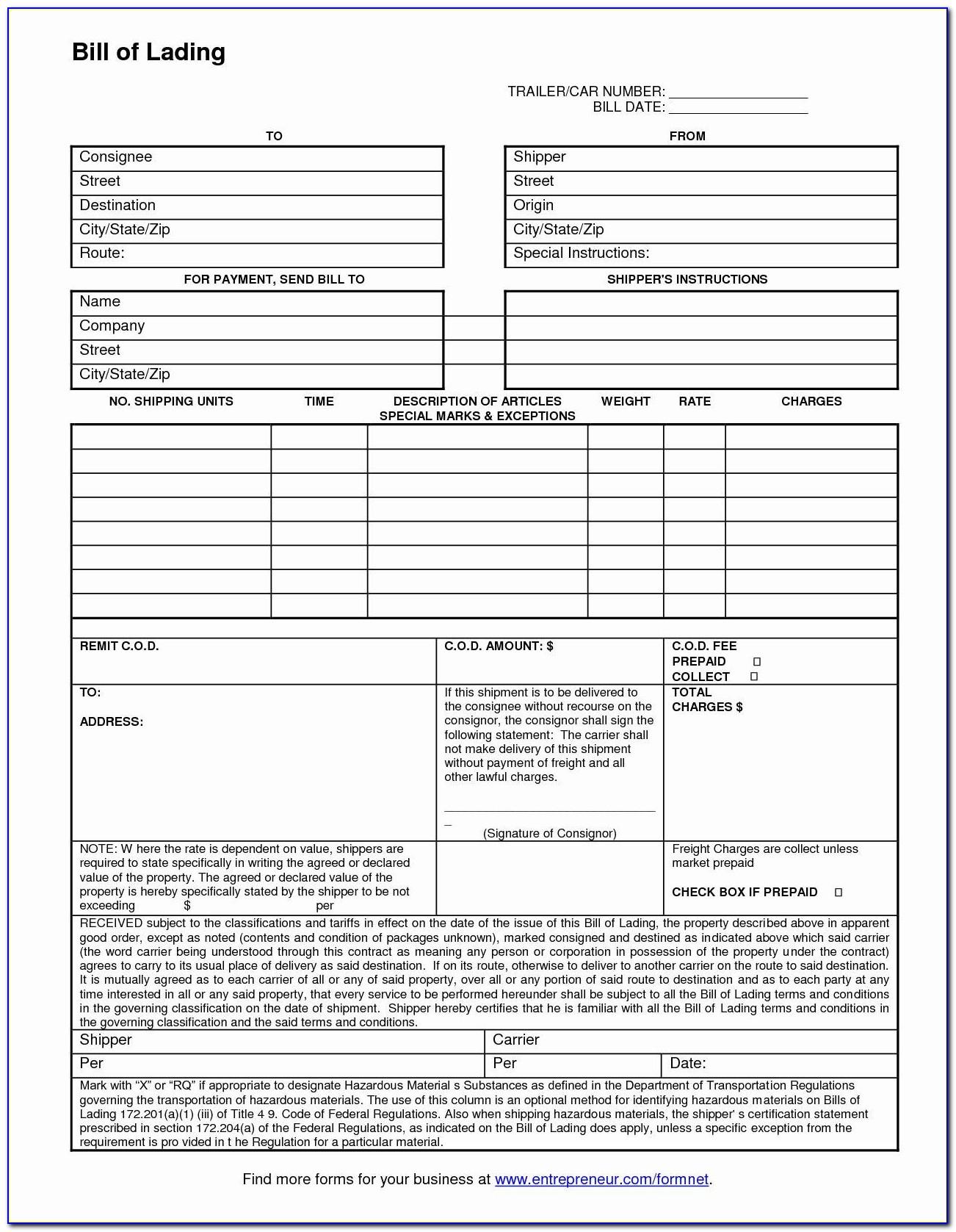 Freight Forwarder Bill Of Lading Sample