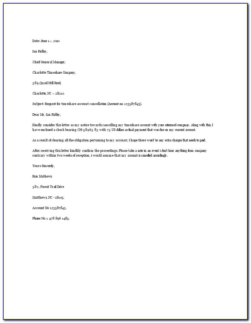 Mexican Timeshare Cancellation Letter Sample