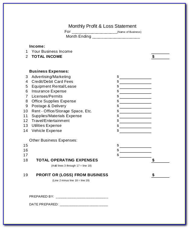 Monthly Profit And Loss Statement Template Pdf