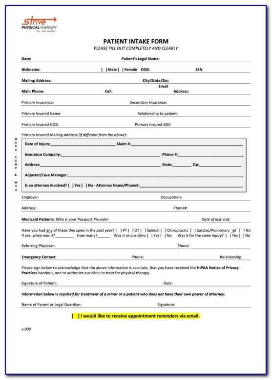Physical Therapy Intake Form Sample