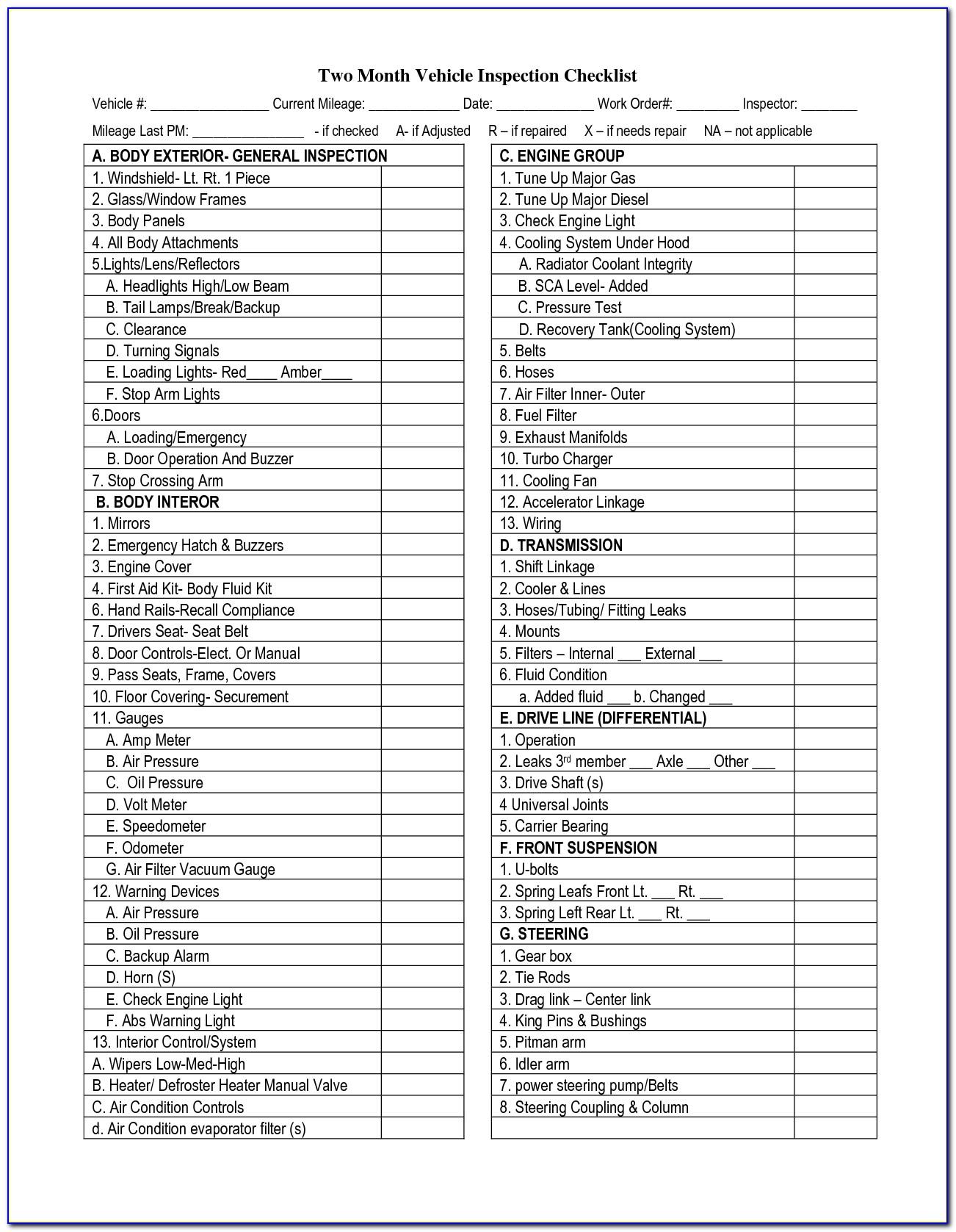 Rental Vehicle Inspection Checklist Form