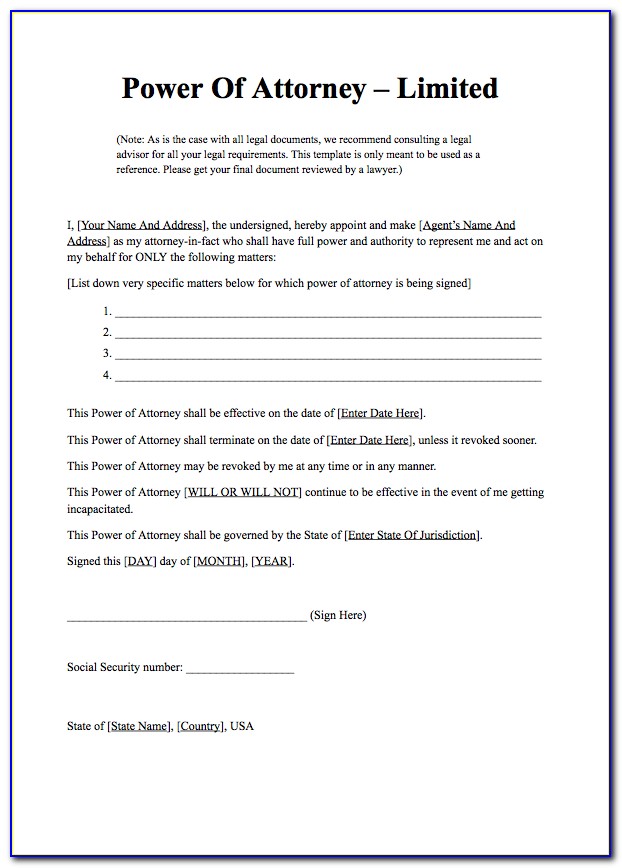 Template For Power Of Attorney Document