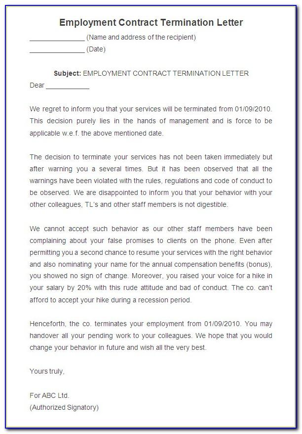 Termination Of Employment Contract Sample Letter