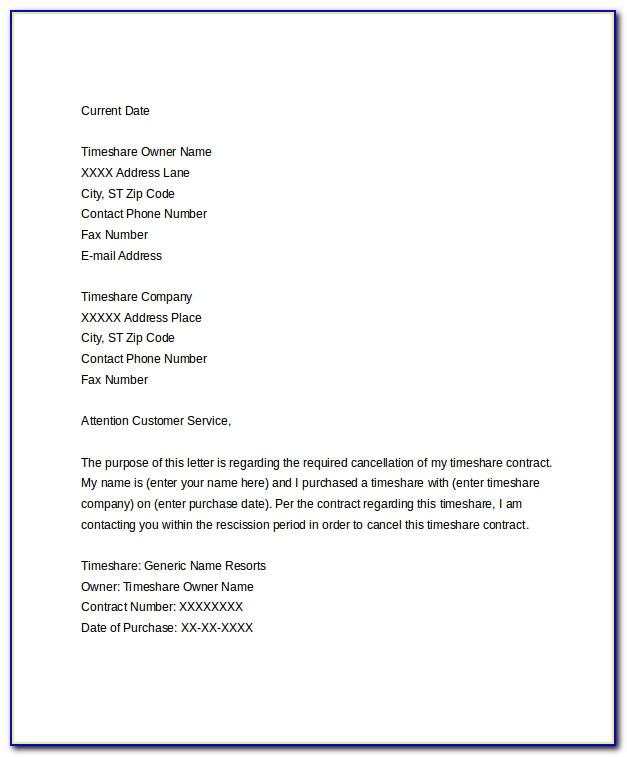 Sample Timeshare Cancellation Letter Template