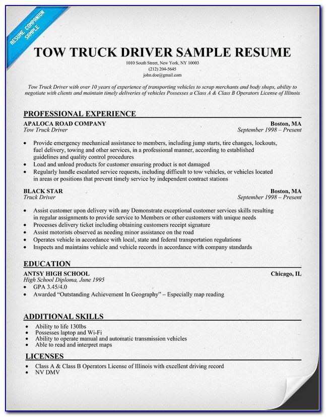 Tow Truck Driver Job Description Resume