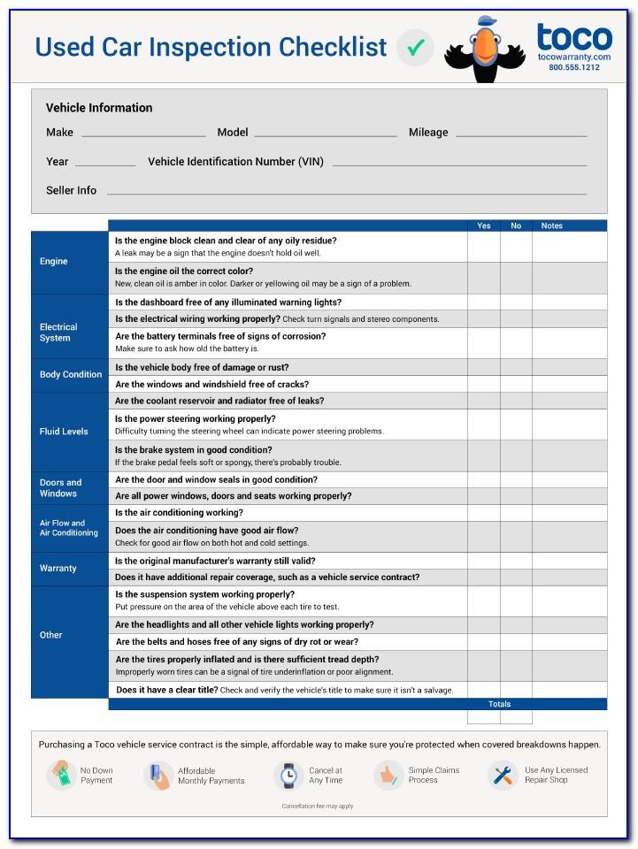 Used Vehicle Inspection Checklist Form Free Download