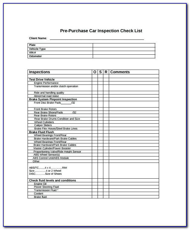 Vehicle Inspection Checklist Template South Africa