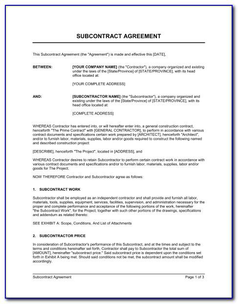 Construction Subcontractor Agreement Template Free