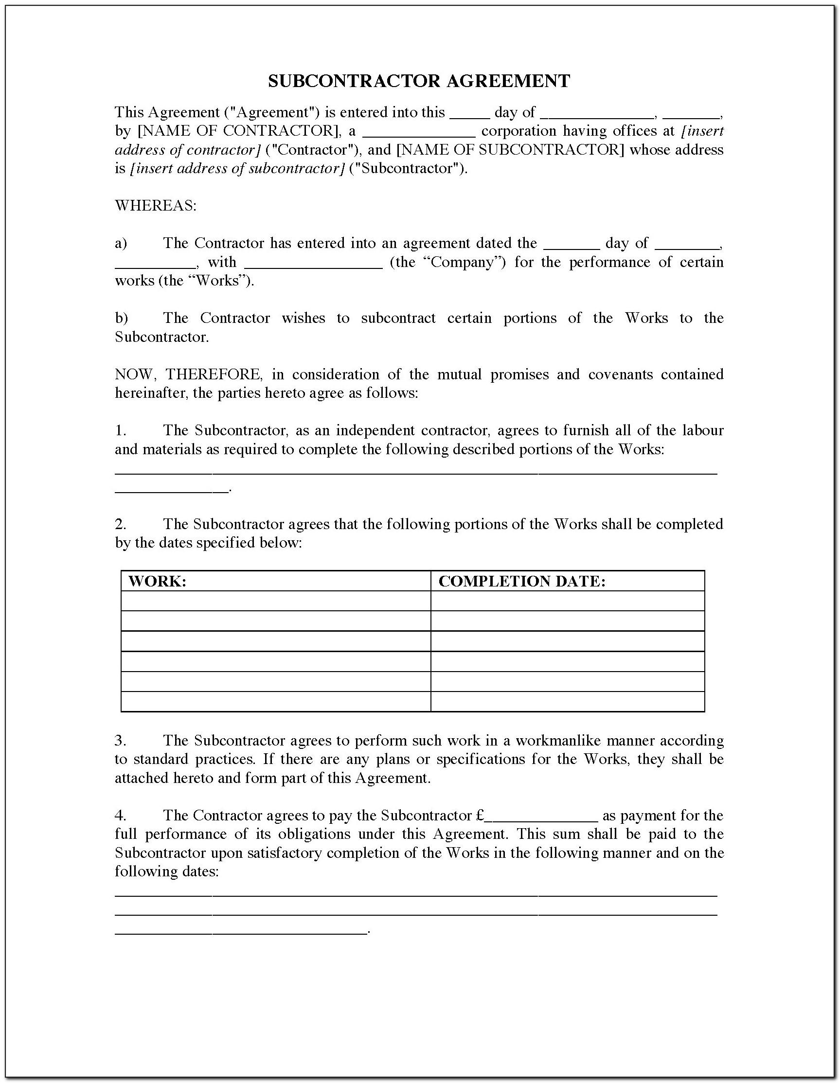 Construction Subcontractor Agreement Template South Africa