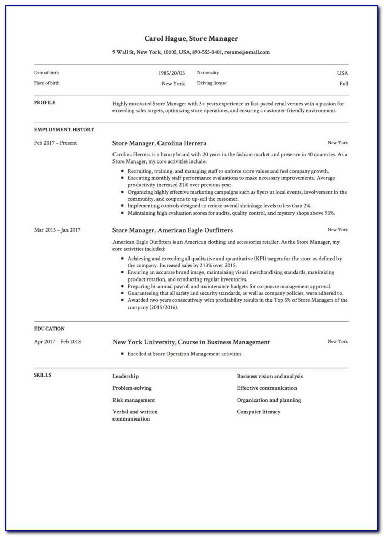 Retail Store Manager Resume Format