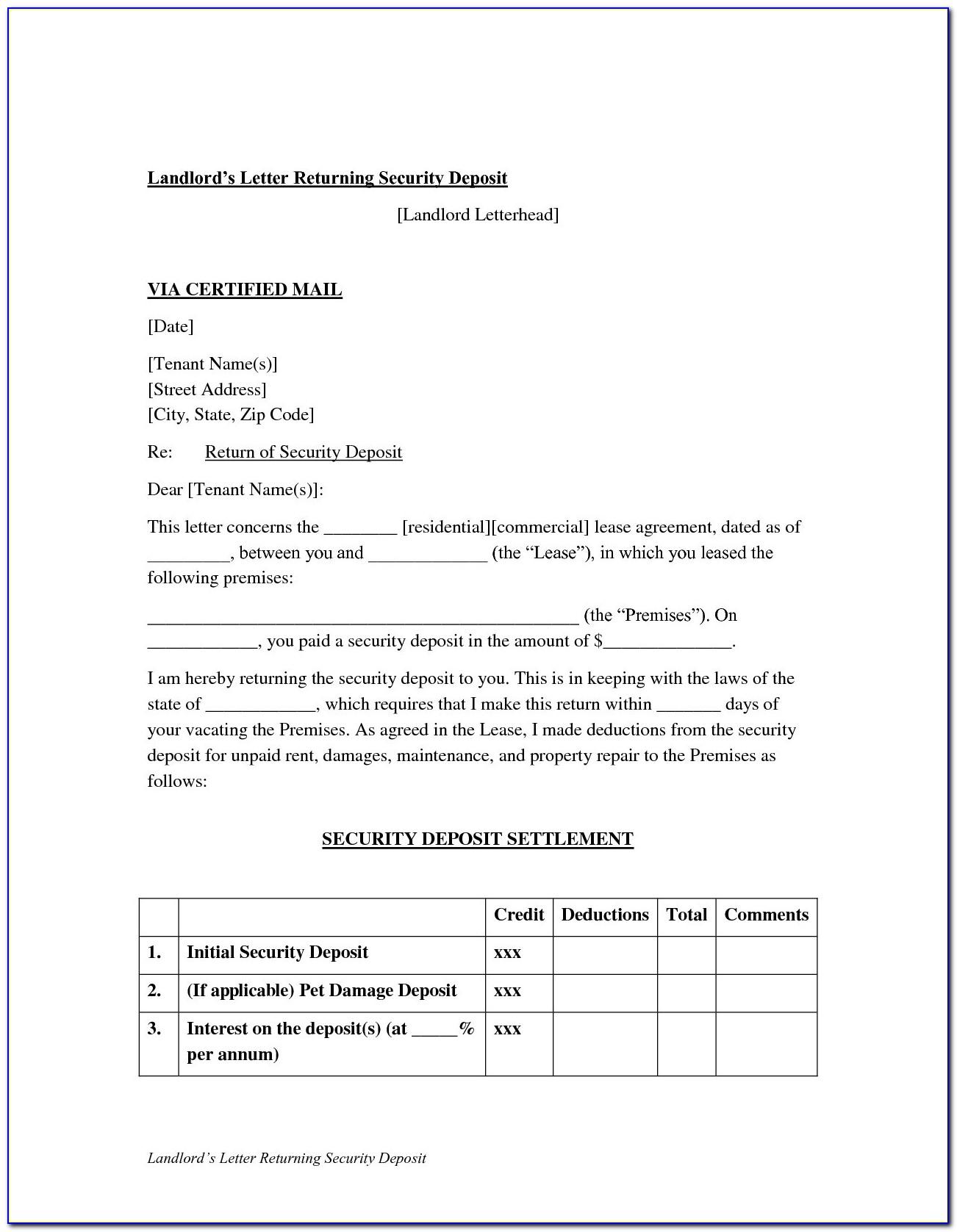 Security Deposit Refund Letter To Tenant Sample