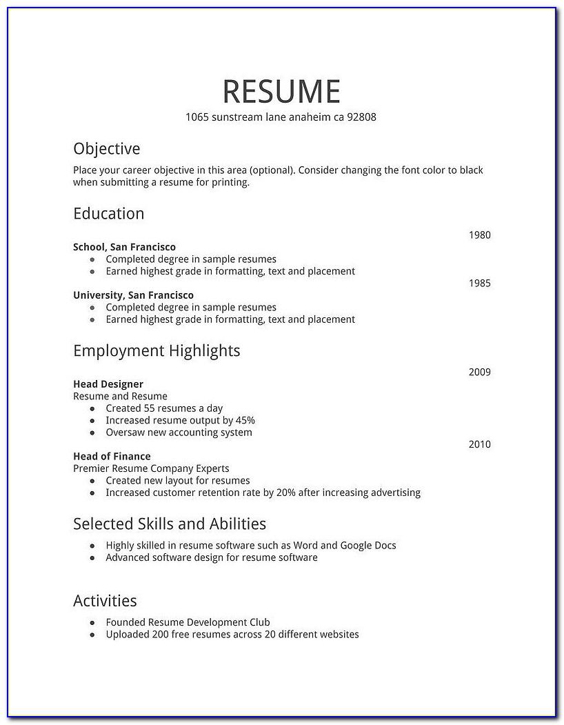 Simple Sample Resume Format Free Download