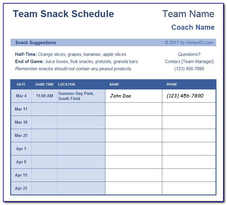 Snack Schedule Template For Baseball