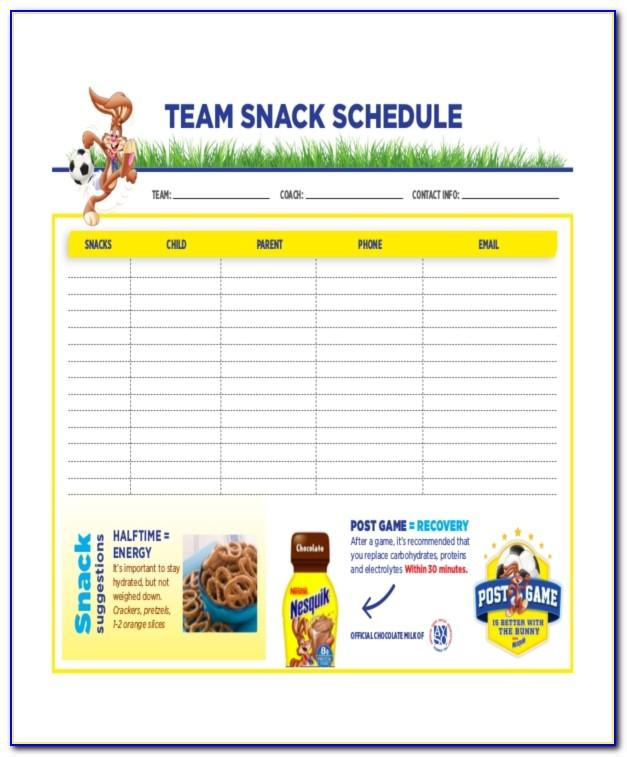 Snack Schedule Template For Sports