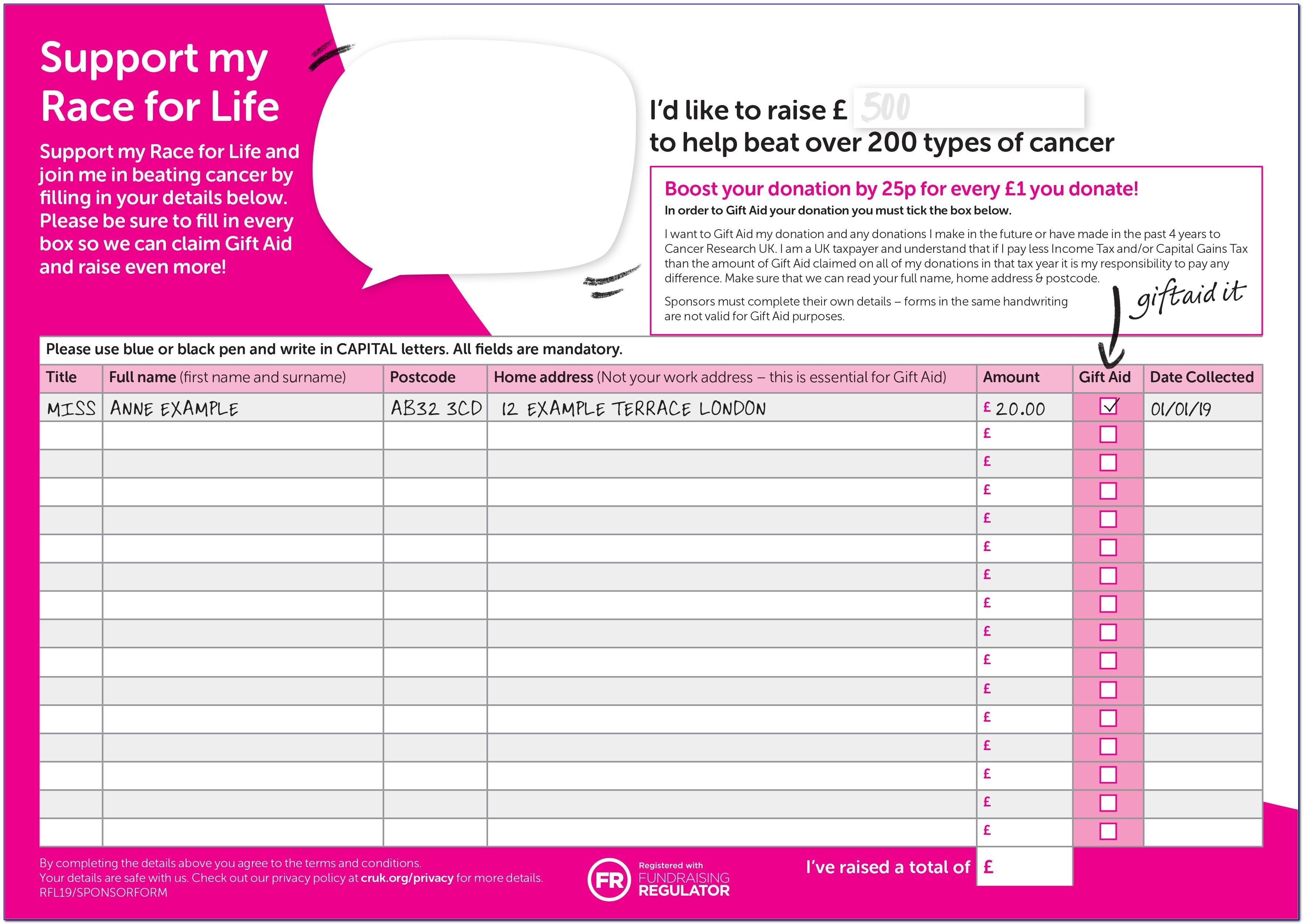 Sponsorship Form Template Race For Life
