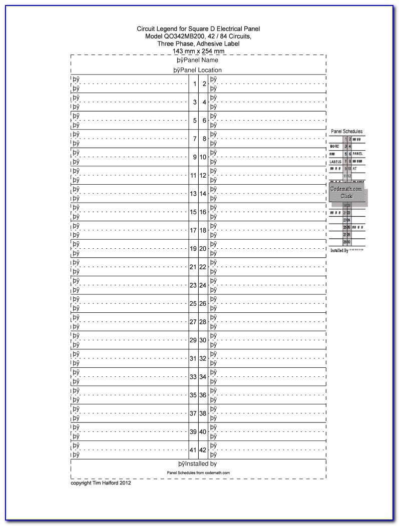 Square D Electrical Panel Schedule Template
