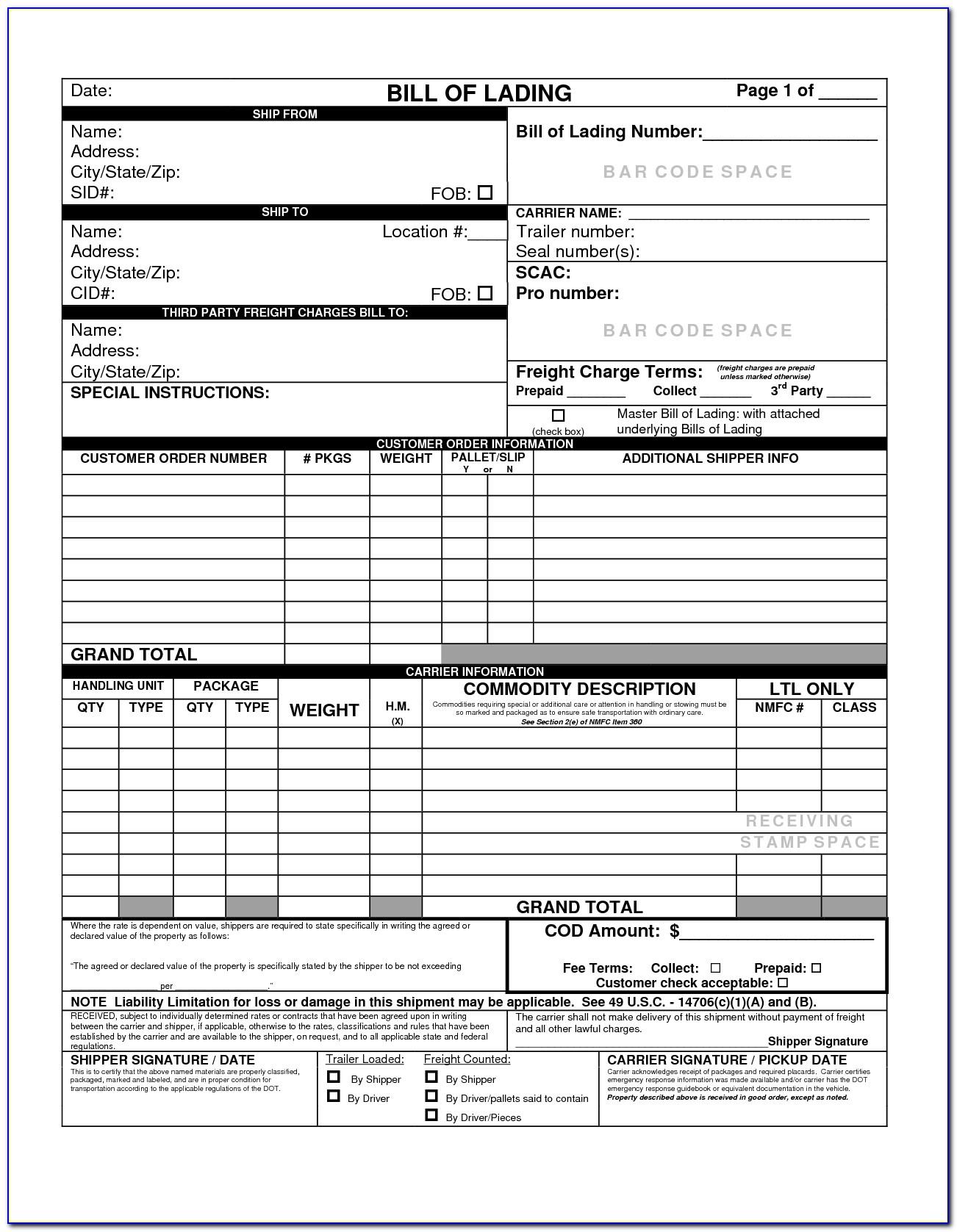 Straight Bill Of Lading Form Canada