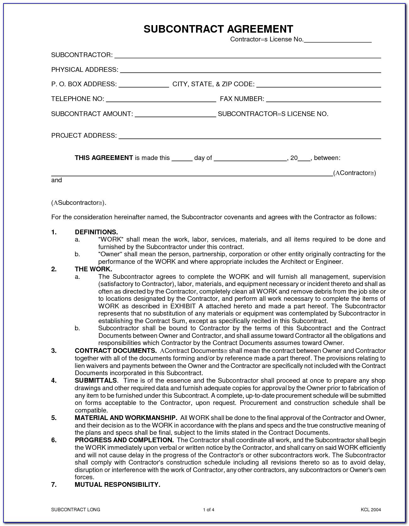 Subcontracting Agreement Template Free
