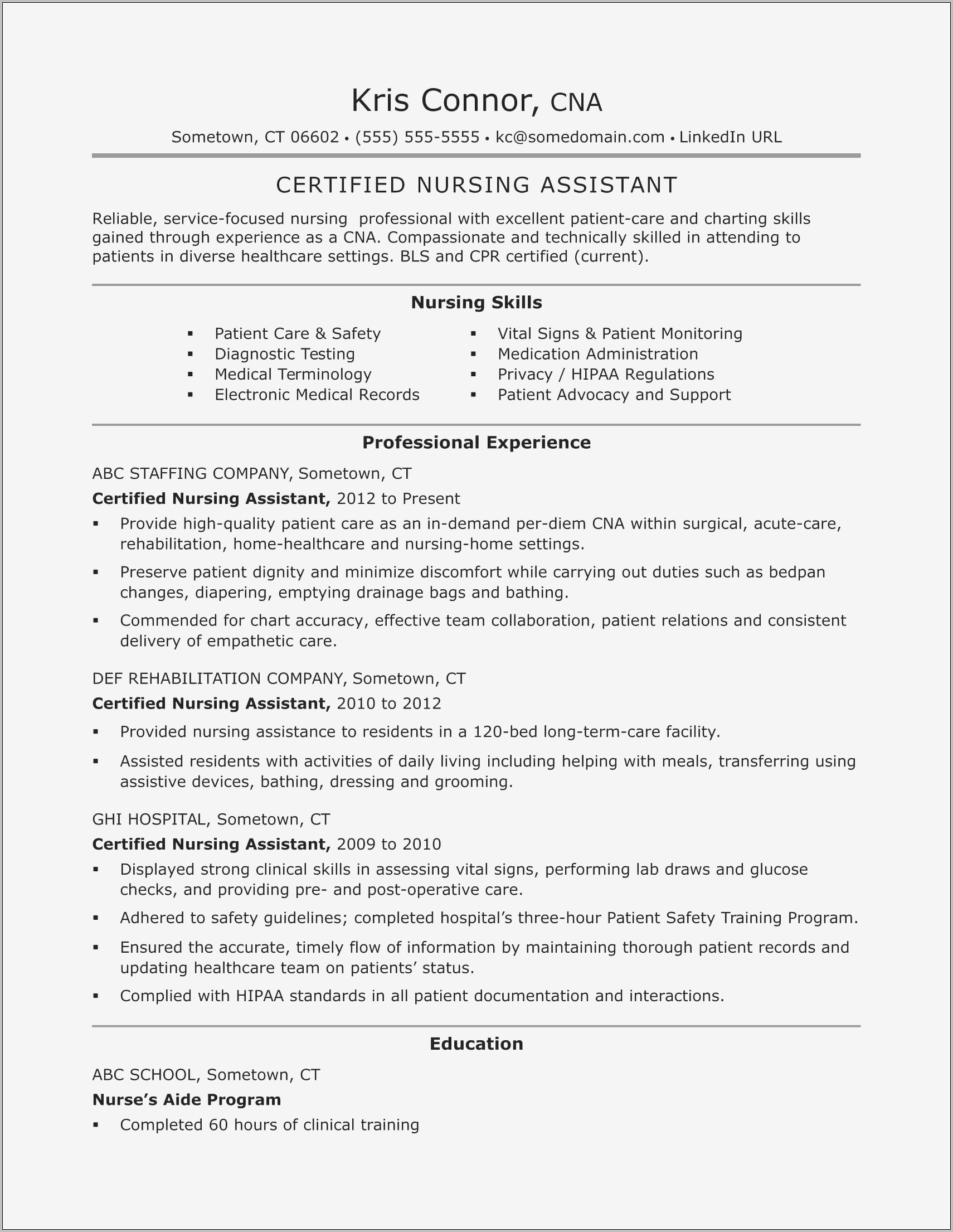Certified Nursing Assistant Resume Examples