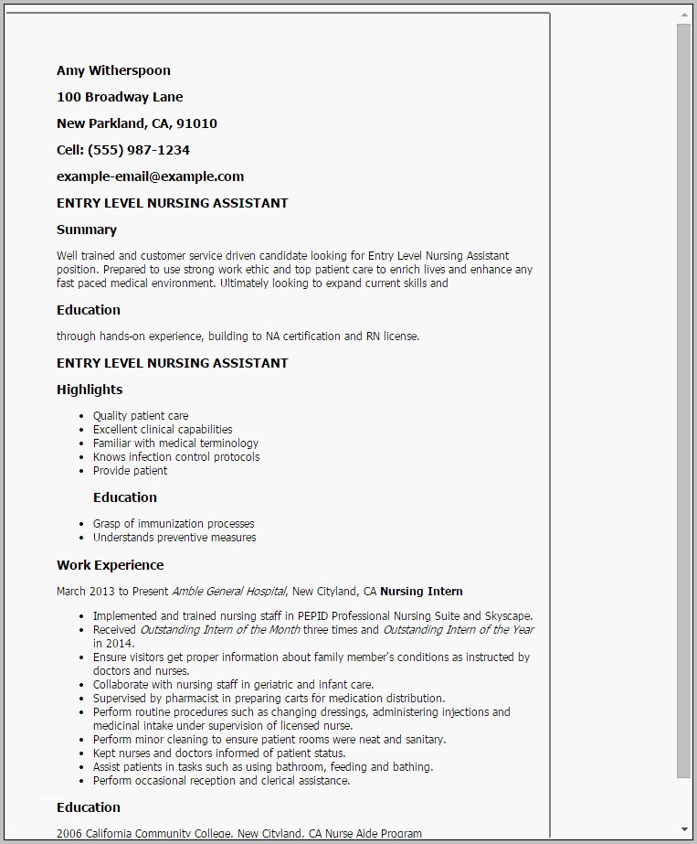 Certified Nursing Assistant Resume Objective Examples