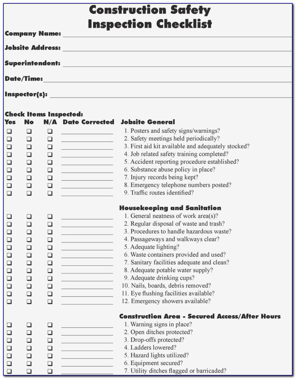 Equipment Safety Checklist Template Excel