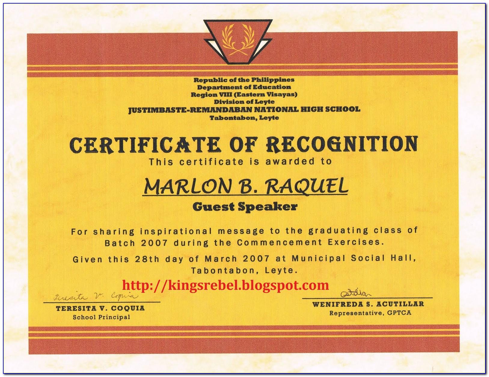 Sample Certificate Of Appreciation For Guest Speaker In Seminar