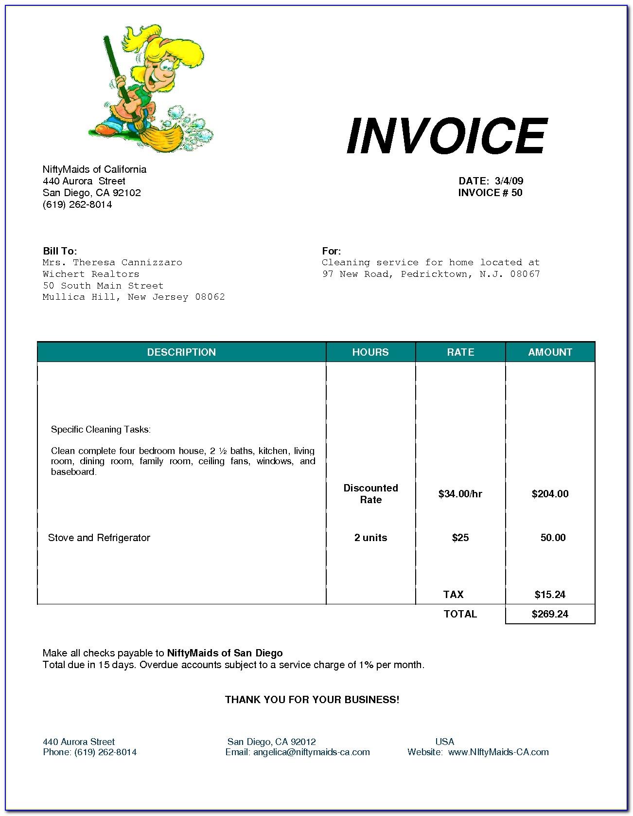 Sample Invoice For House Cleaning Services