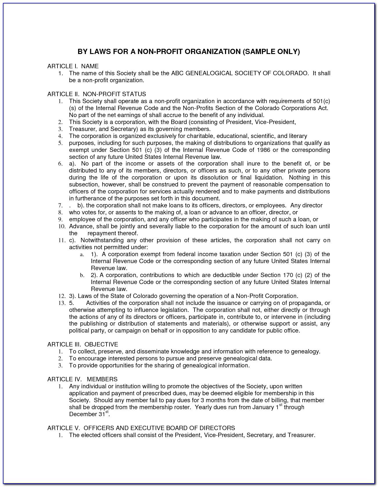 Sample Of A Bylaws For Nonprofit Charitable Organization Florida