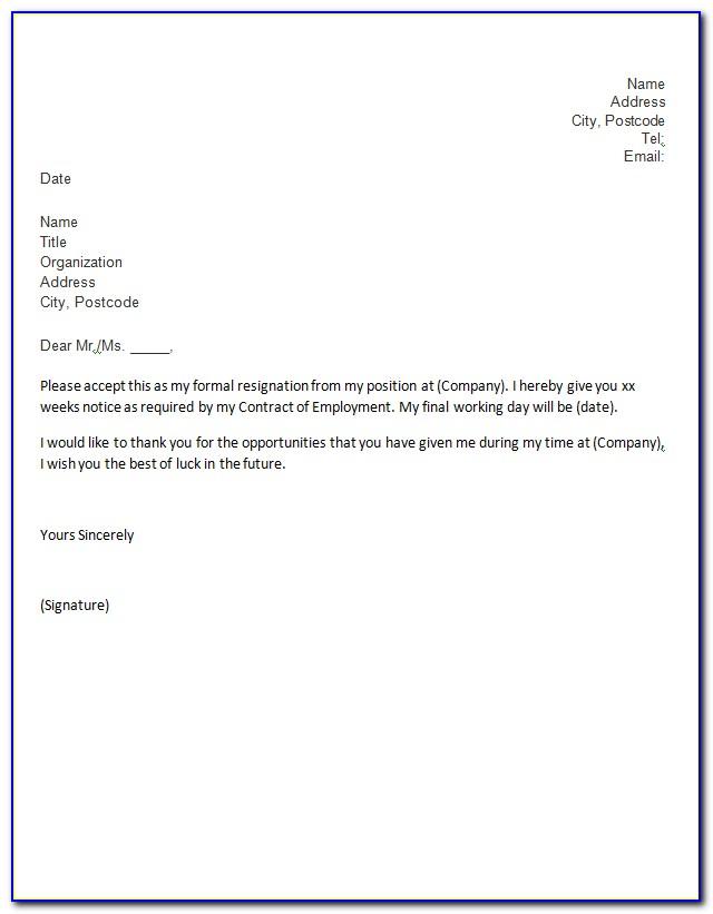 Sample Resignation Letter Template Uk