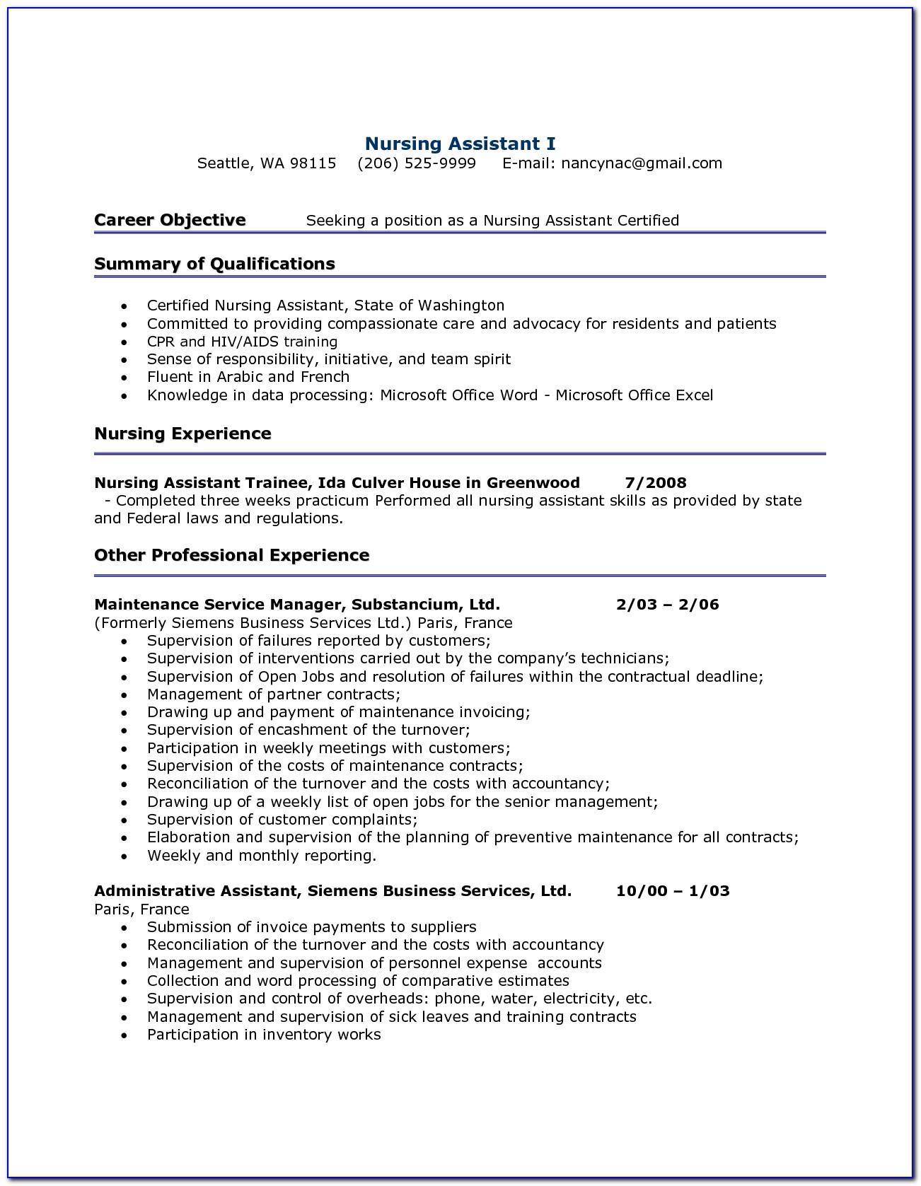 Sample Resume For Cna With Objective