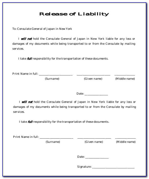 Car Release Of Liability Template