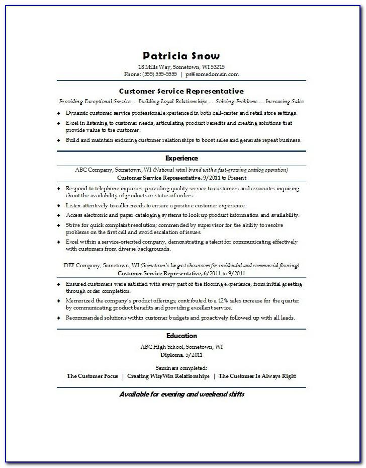 Example Resume For Customer Service Rep