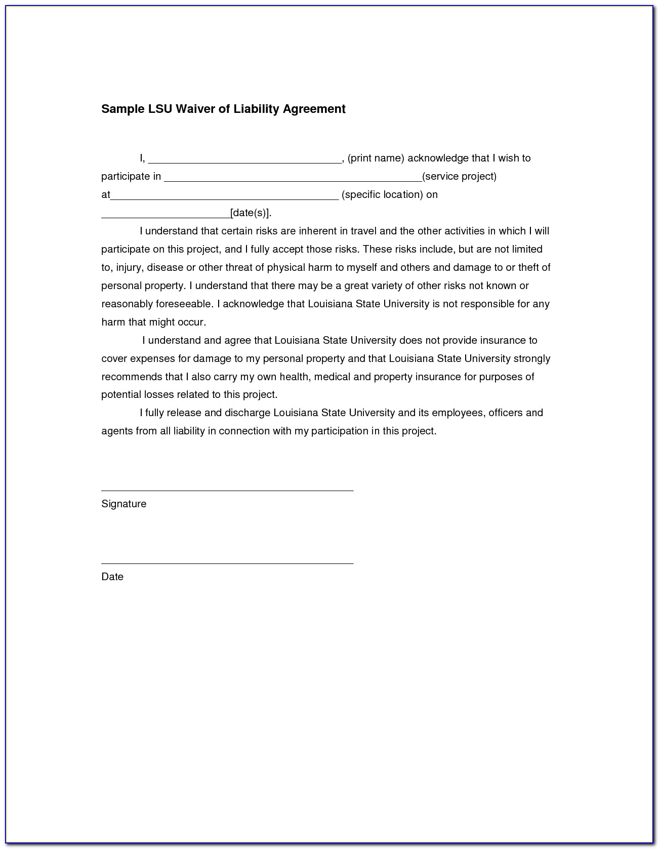 Liability Waiver Form Template Canada
