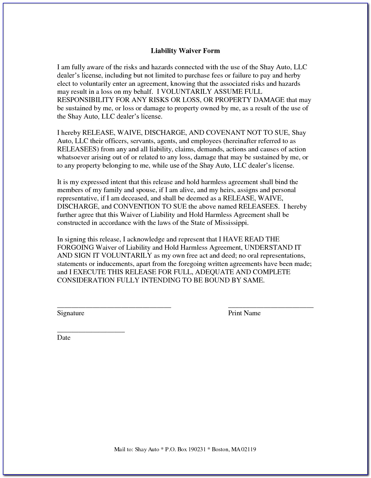 Medical Liability Form Template